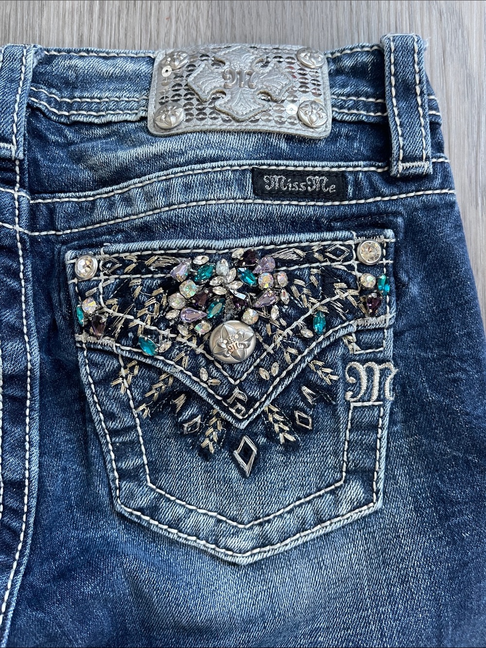Miss Me Dark Blue Embellished Wide Leg Jeans